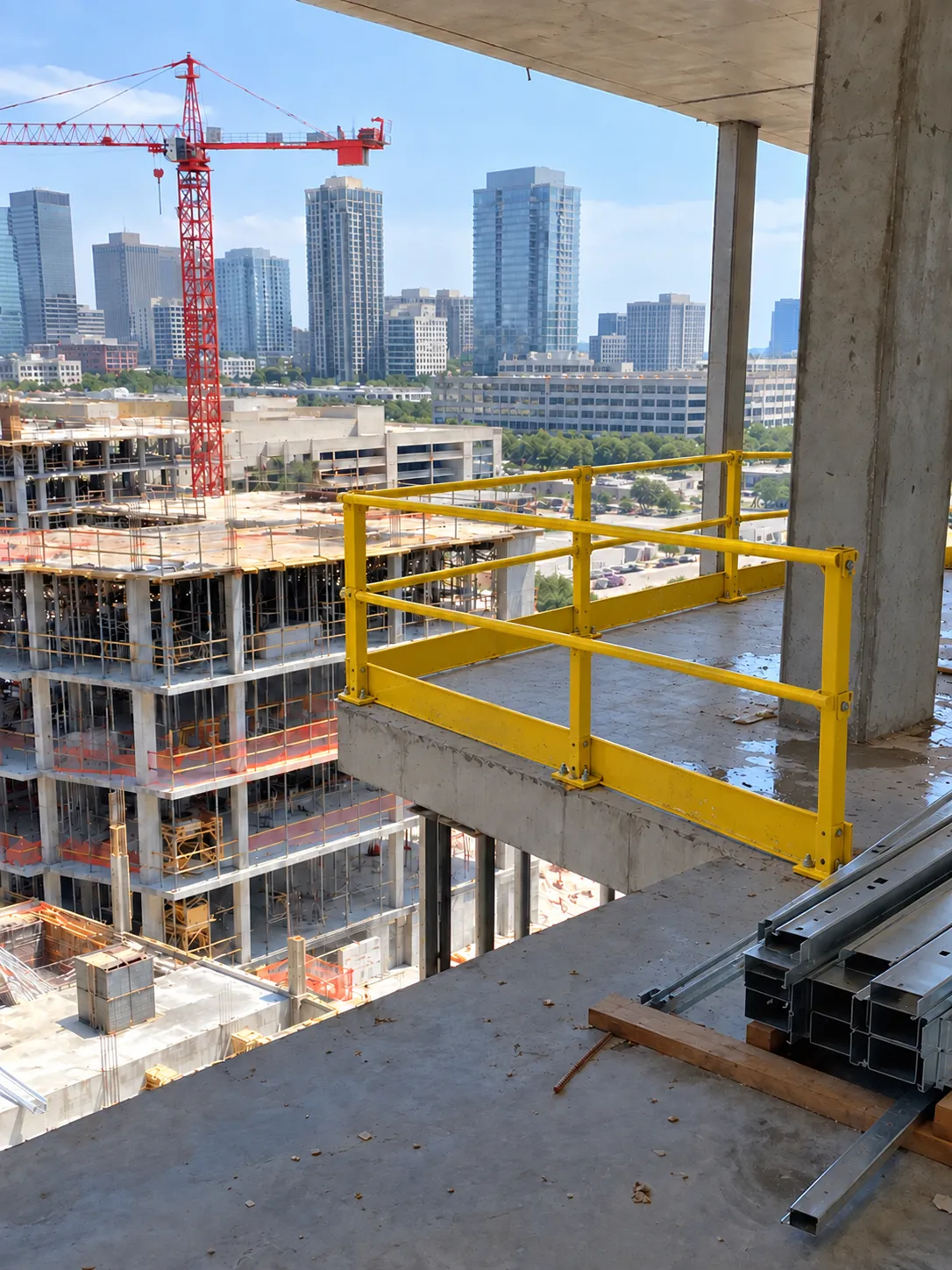 After: a yellow guardrail system installed along the slab edge.