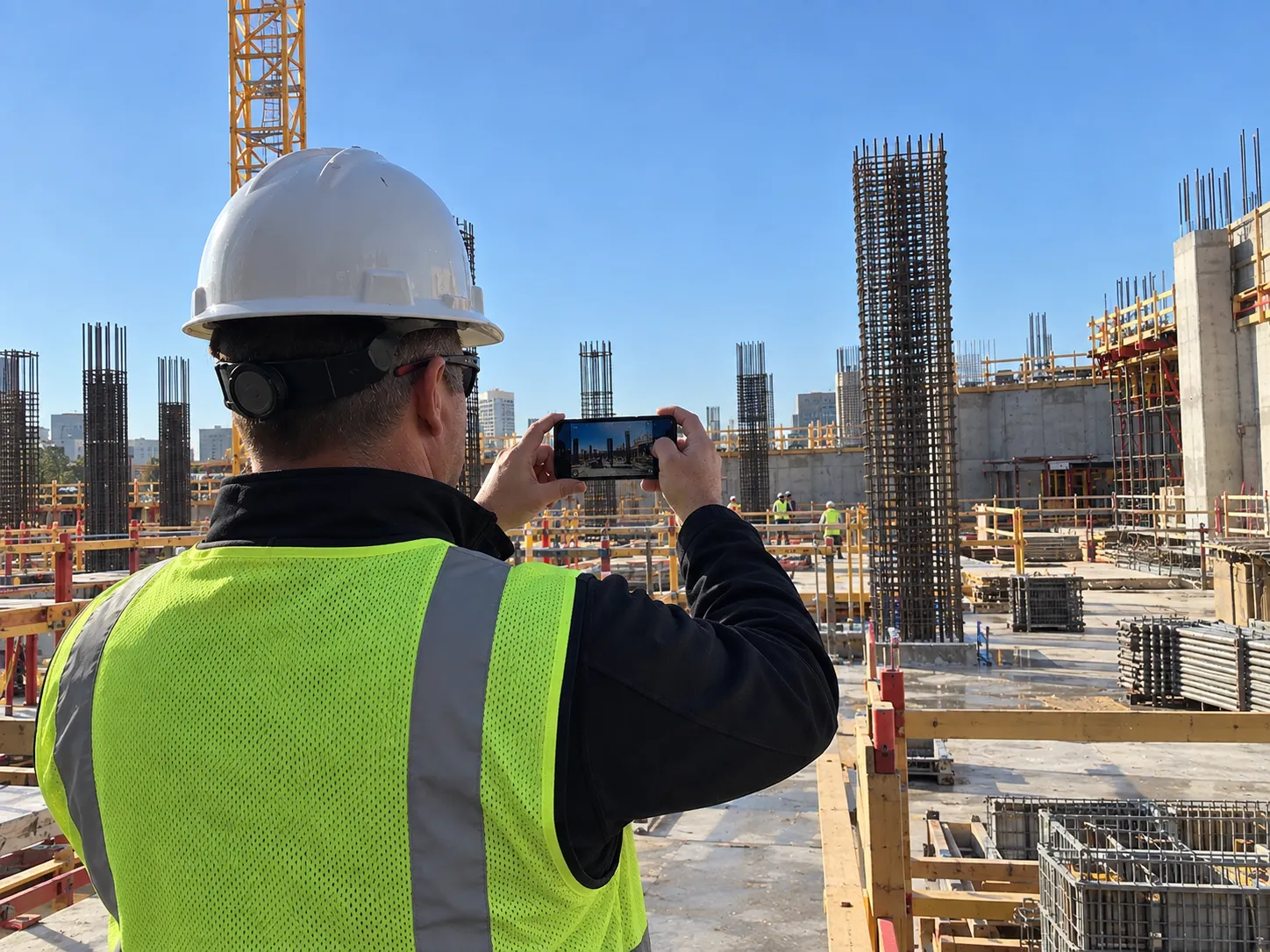 A safety lead in a hard hat and high-visibility vest photographs a high-rise construction site with an iPhone.