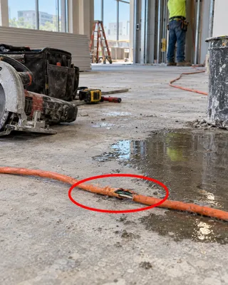 Site photo circled in red: damaged extension cord with exposed conductors on wet floor