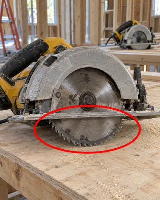 Site photo circled in red: portable circular saw lower blade guard not visible with teeth exposed below base plate