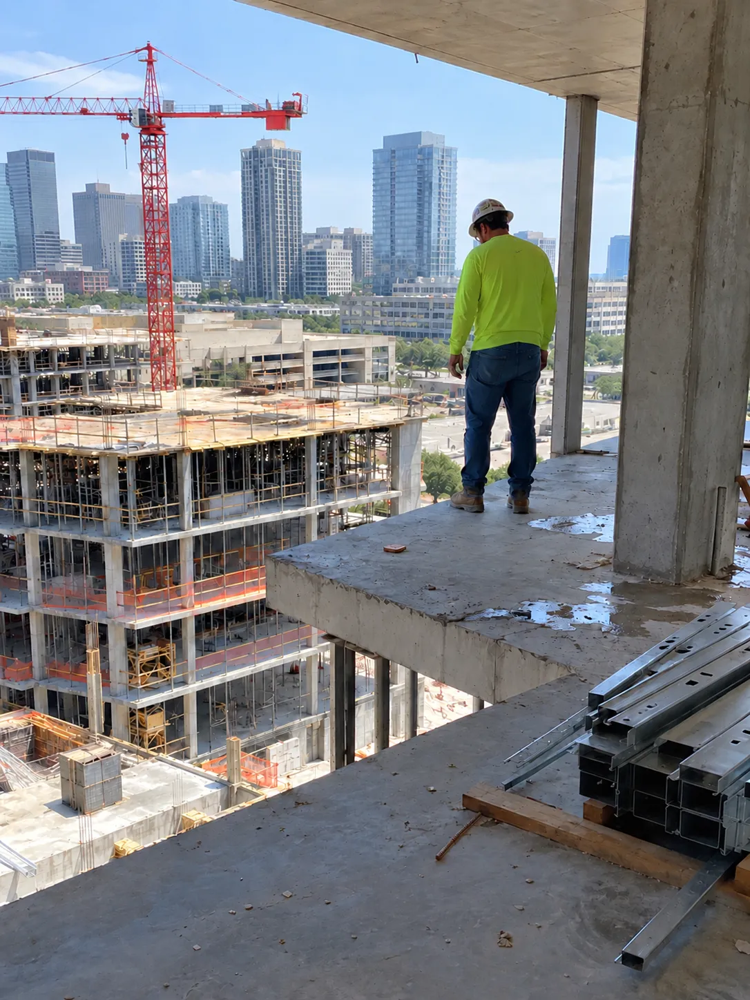 A worker in a hard hat stands near the open edge of an elevated concrete slab.