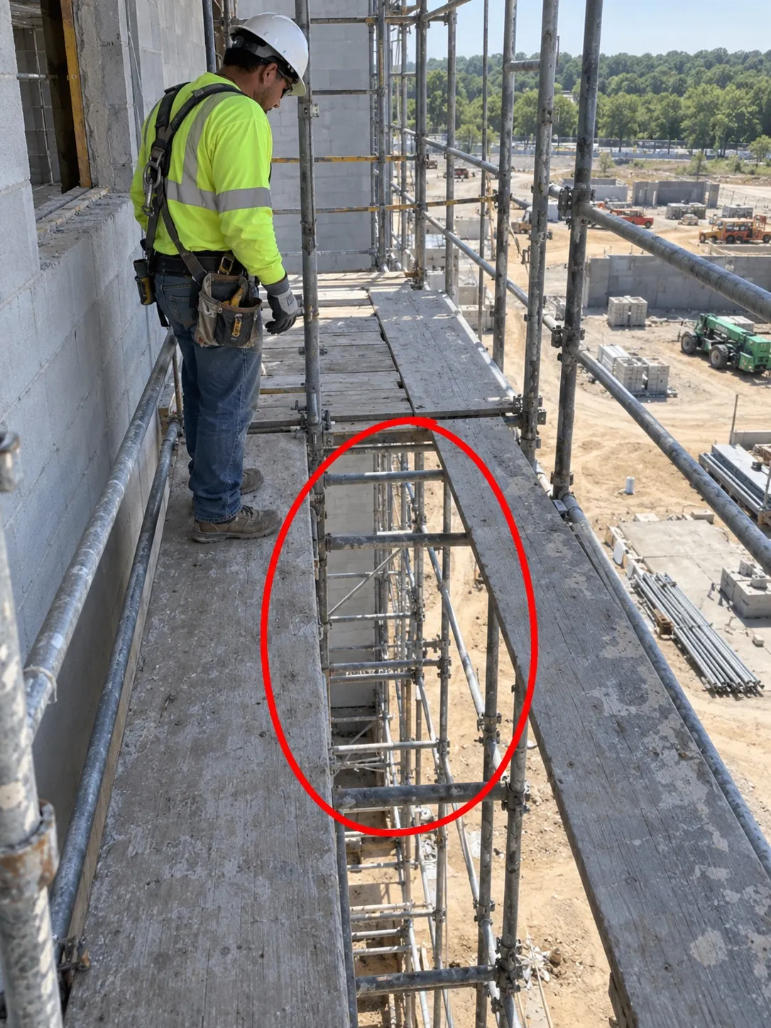 Site photo circled in red: gap in scaffold work platform decking between planks.