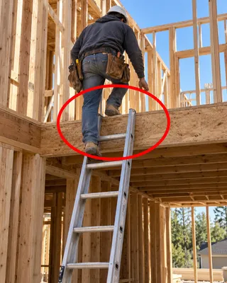 Site photo circled in red: extension ladder access at upper landing without visible rail extension or fall protection