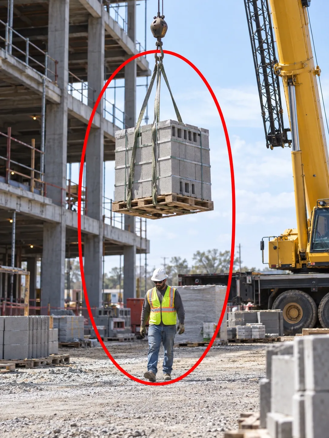Site photo circled in red: worker positioned beneath suspended crane load.