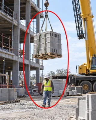 Site photo circled in red: worker positioned beneath suspended crane load