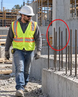 Site photo circled in red: unguarded protruding rebar near worker walkway