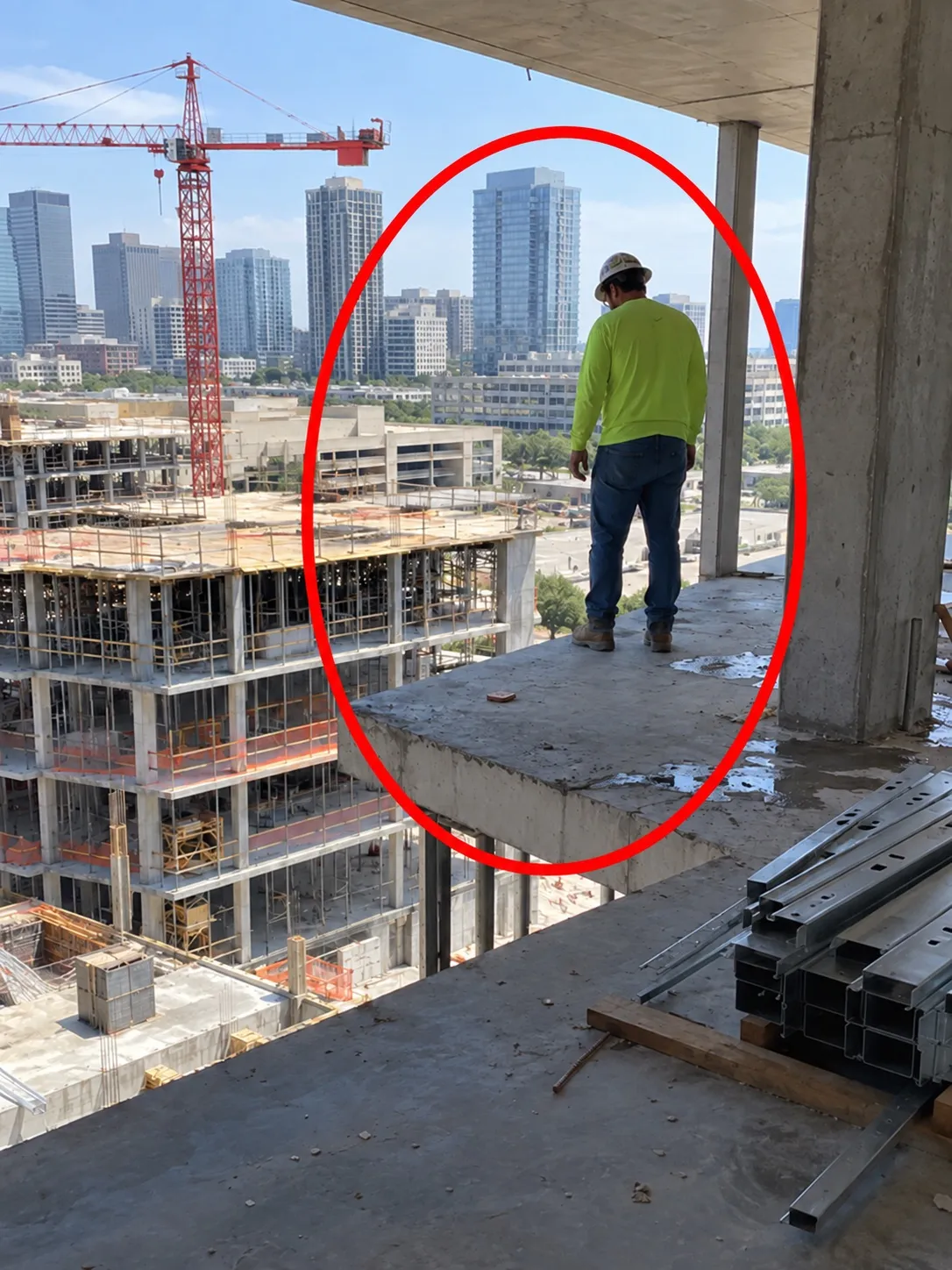 Site photo circled in red: unguarded elevated concrete slab edge with worker nearby.