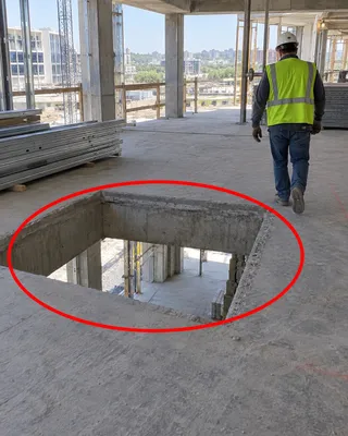 Site photo circled in red: unguarded floor opening in concrete slab with drop to lower level