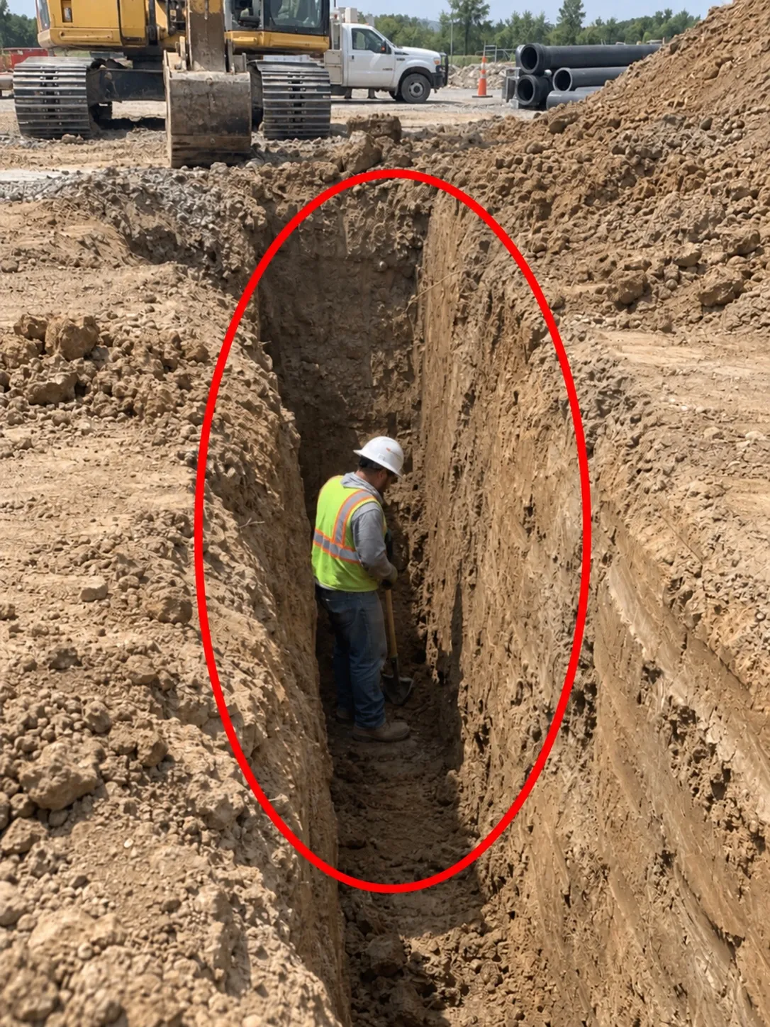 Site photo circled in red: worker in vertical-walled trench without visible protective system.