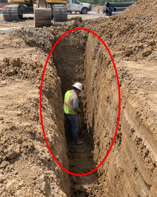 Site photo circled in red: worker in vertical-walled trench without visible protective system